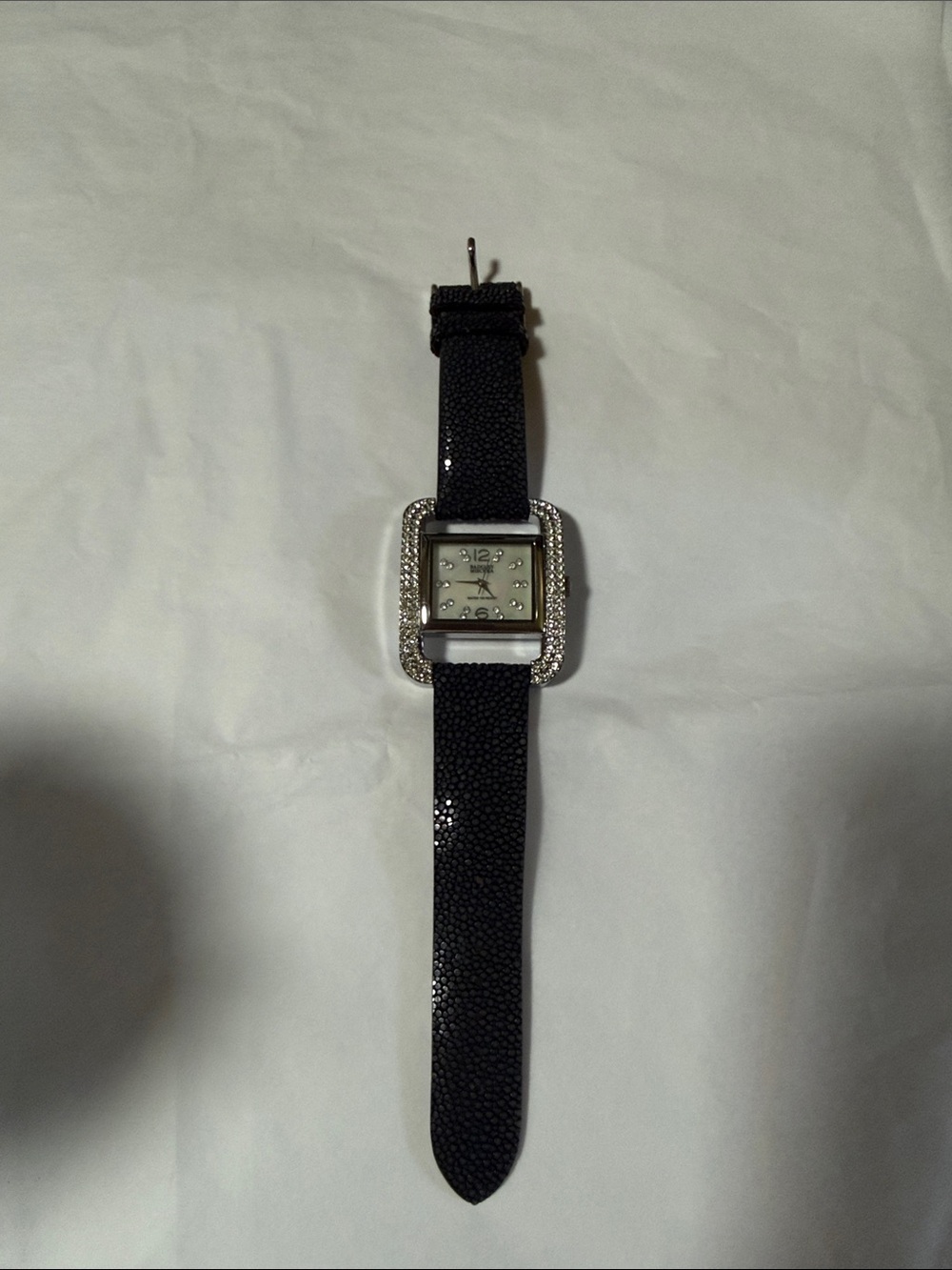 Black Stingray-Style Strap Crystal Accent Square Watch